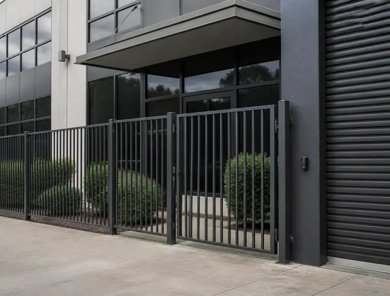 Coated steel gate, fencing and roller shutter at a light-commercial property