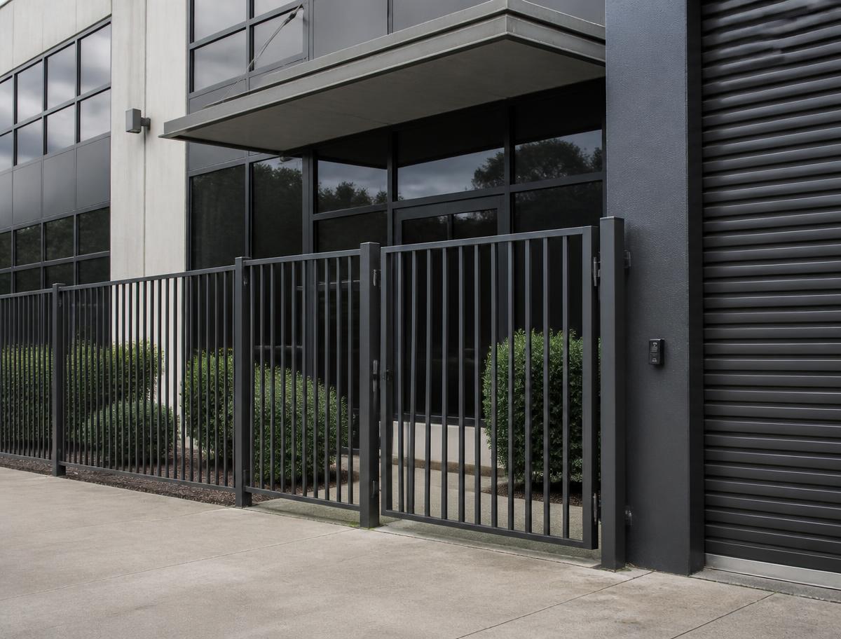 Coated steel gate, fencing and roller shutter at a light-commercial property