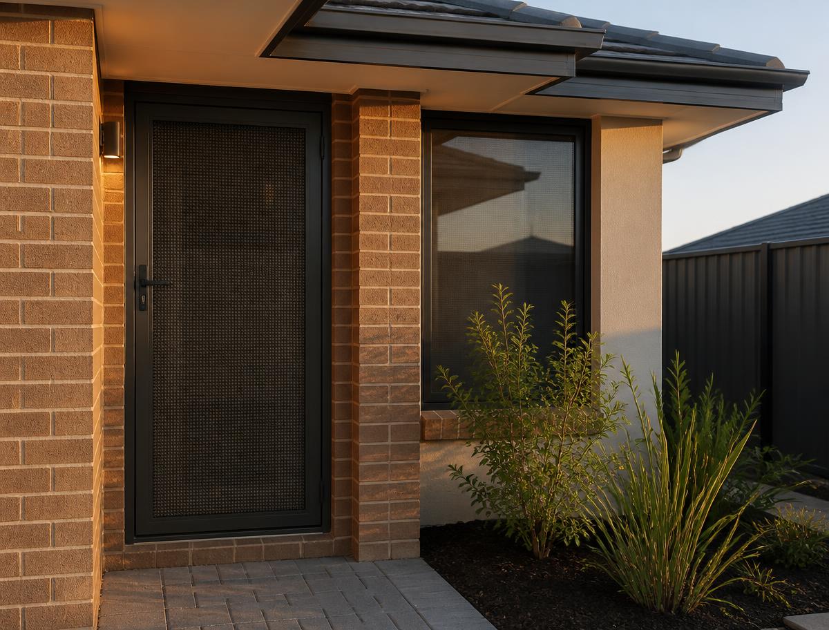 Powder-coated security screen door fitted to the entry of a Western Australian home