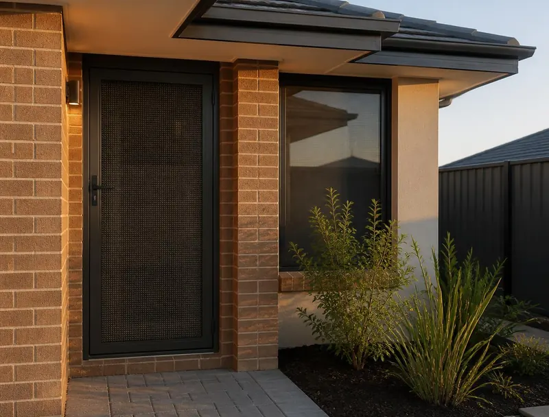 Powder-coated security screen door fitted to the entry of a Western Australian home