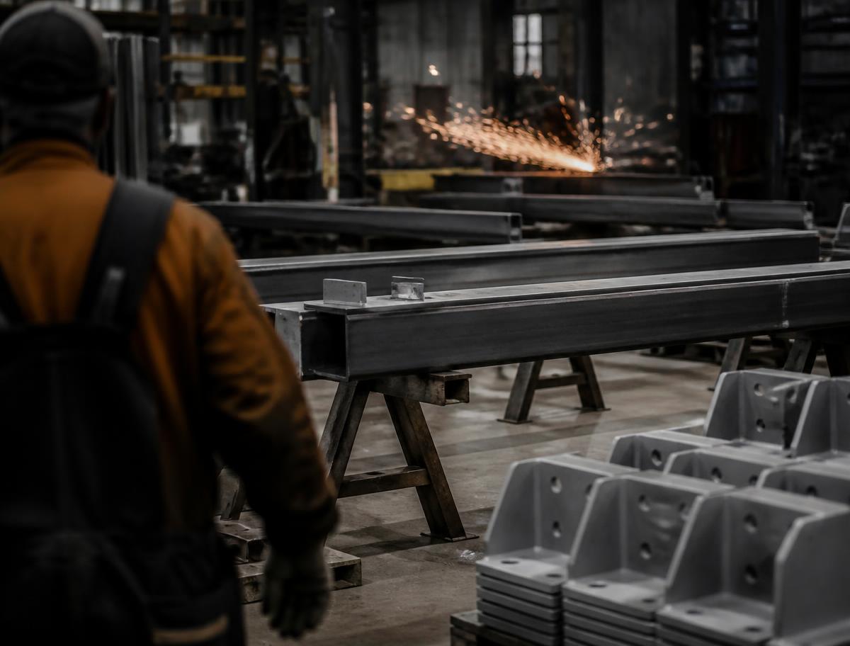 Steel sections and blasted components in a metal fabrication workshop