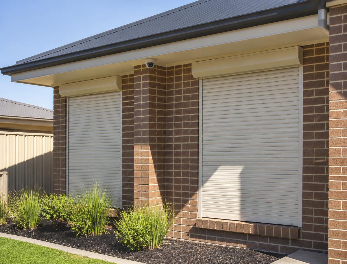 Roller shutters and a discreet camera on a suburban home